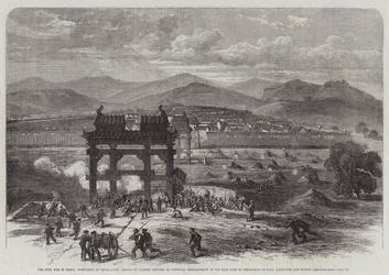 Der Bürgerkrieg in China, Expedition der Imperialisten, angeführt von britischen Offizieren, nach Fungwha, Bombardierung des Osttors durch Feldstücke der HMS Encounter und Sphinx